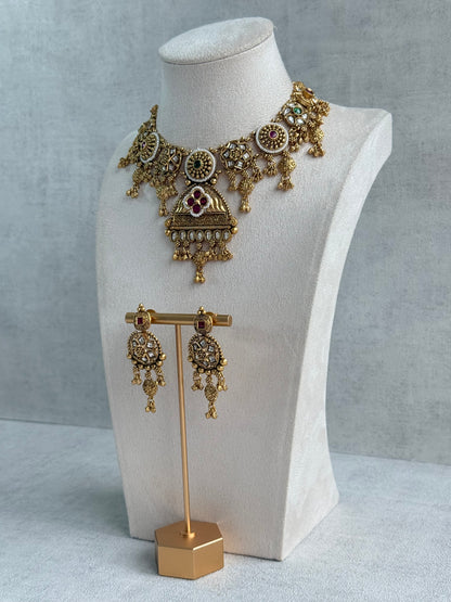 Ayura Designs Kriti Necklace Set with Earrings – Antique Gold Multicolour Kundan Design with Pearls & Ghungroo Detailing