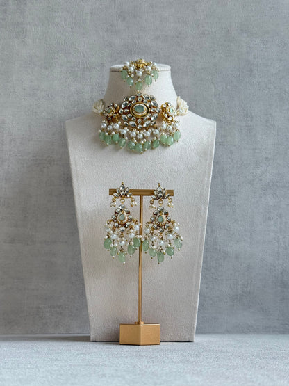 Ayura Designs Tasveer Pachi Kundan Choker Set with Earrings, Tikka & Mint Green Bead Detailing