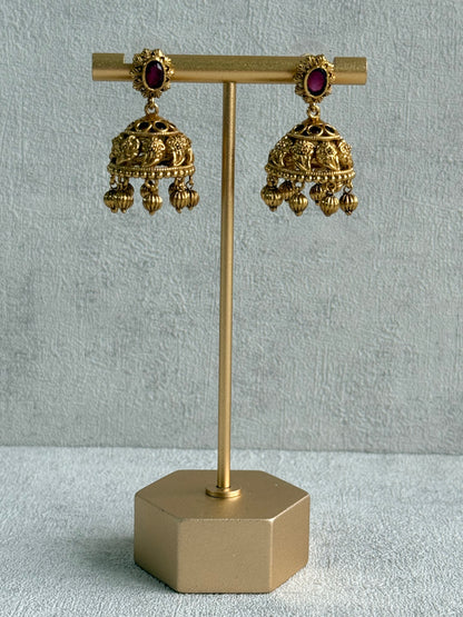 Ayura Designs Savya Jhumkis – Rani Pink Stones, Floral Motifs & Antique Gold Finish