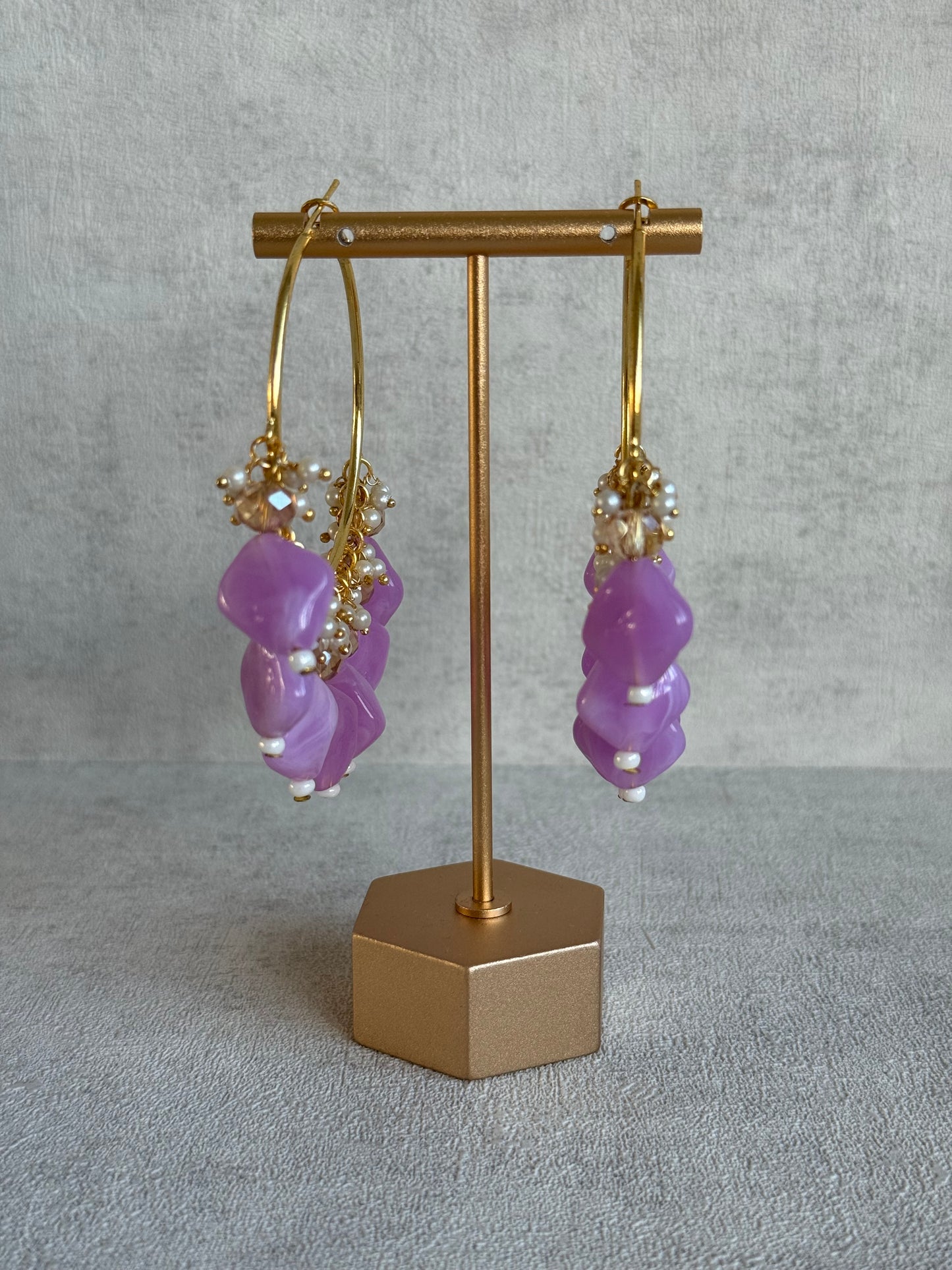 Ayura Designs Heer Balis – Gold Hoops with Lilac Marble Beads, Pearls & Crystal Detailing