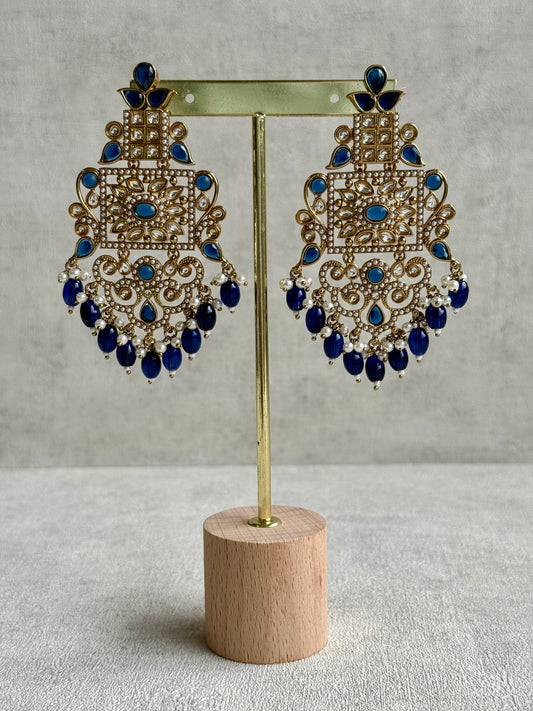 Ayura Designs Arwa Earrings – Antique Gold Finish with Midnight Blue Stones & Pearl Detailing