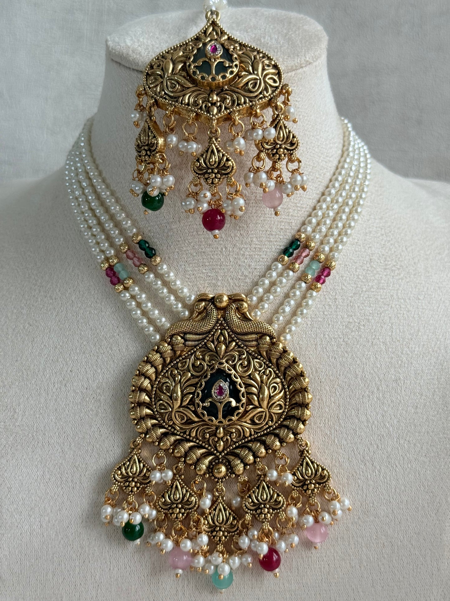 Ayura Designs Afia Necklace Set with Earrings & Tikka – Antique Gold, Multicolour Beads, Green Centre Stone & Peacock Motifs