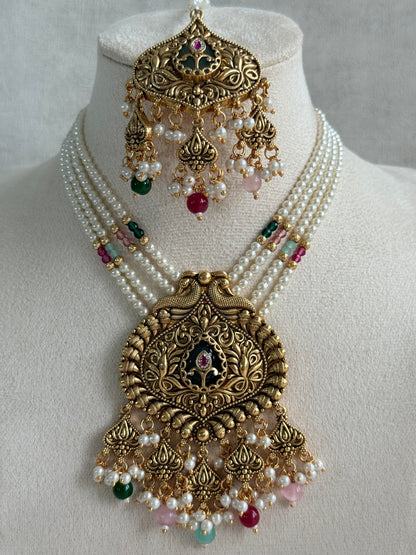 Ayura Designs Afia Necklace Set with Earrings & Tikka – Antique Gold, Multicolour Beads, Green Centre Stone & Peacock Motifs