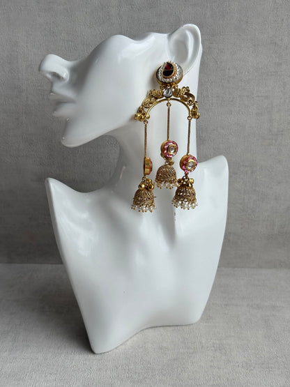 Ayura Designs Arzina Earrings – Triple Jhumki Earrings with Blush Pink Stones, Pearl Borders & Gold Detailing