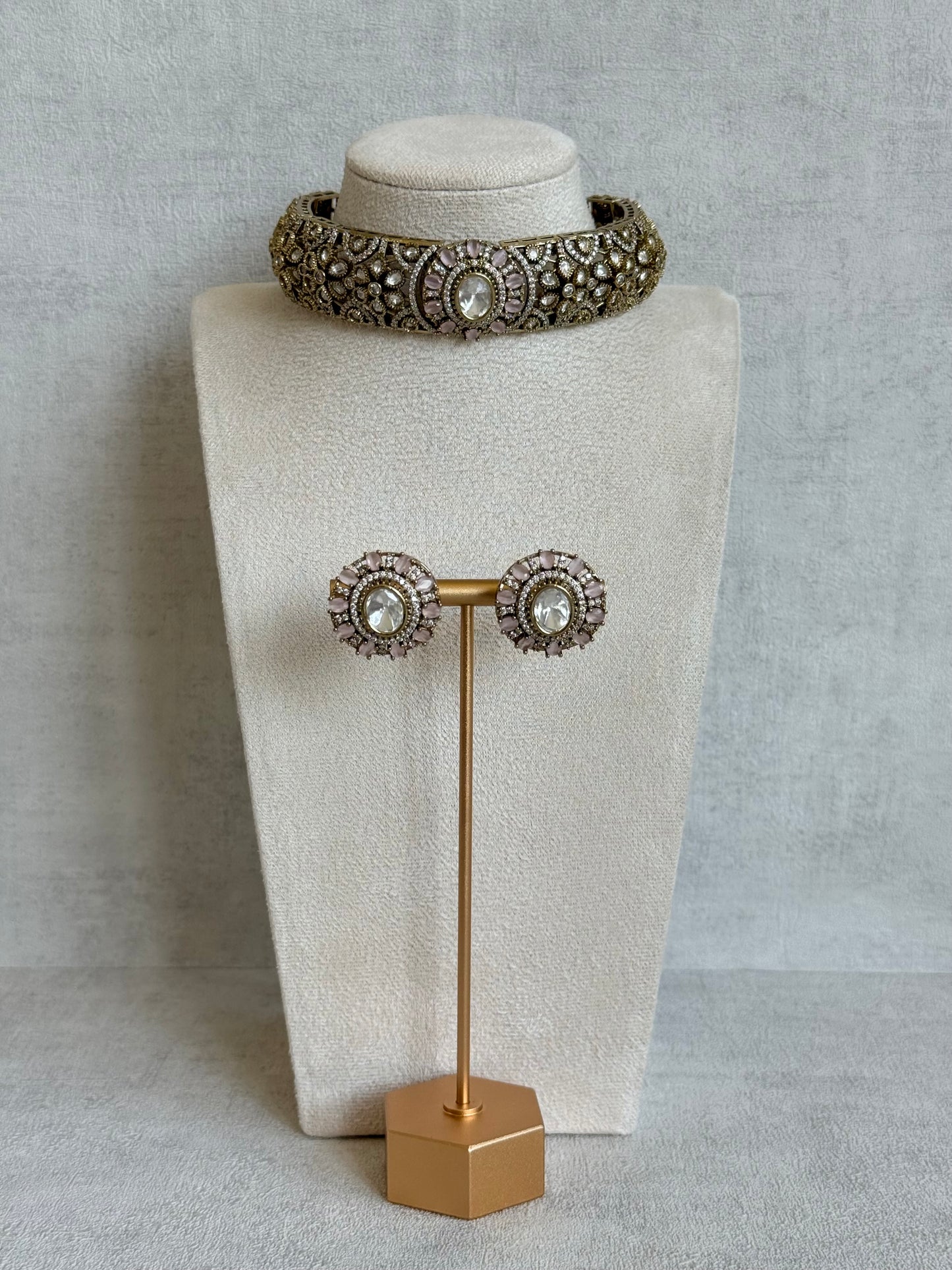 Ayura Designs Genevieve Choker Set with Studs – Blush Pink Crystal Kundan in Antique Gold