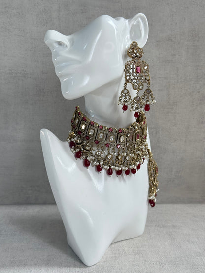 Ayura Designs Aisha Choker Set with Earrings & Tikka – Rani Pink Stones, Red Beads, Polki & Pearl Detailing