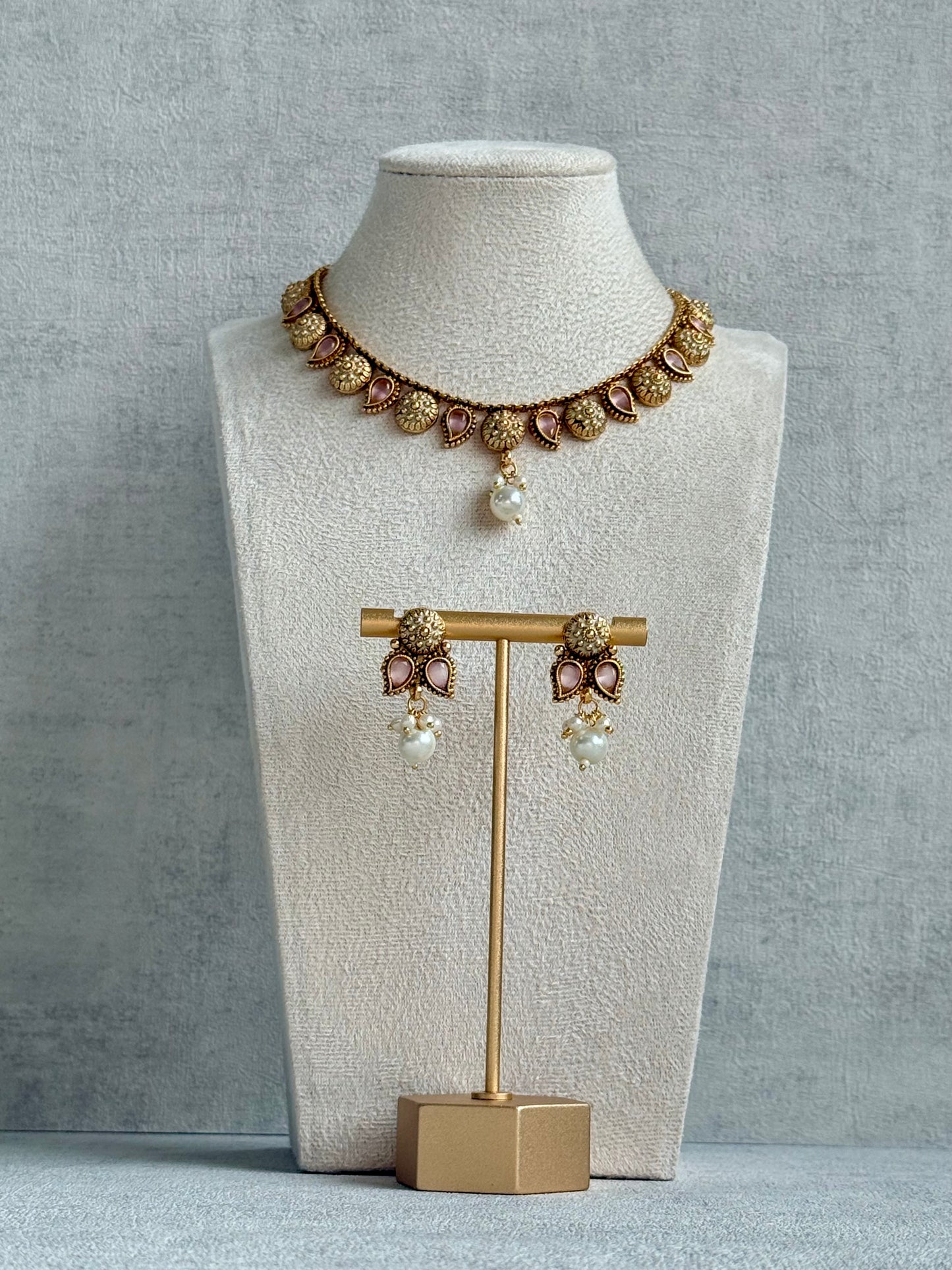 Ayura Designs Mayura Necklace Set with Earrings – Antique Gold Meenakari Motifs with Pearl Drop & Blush Pink Stones