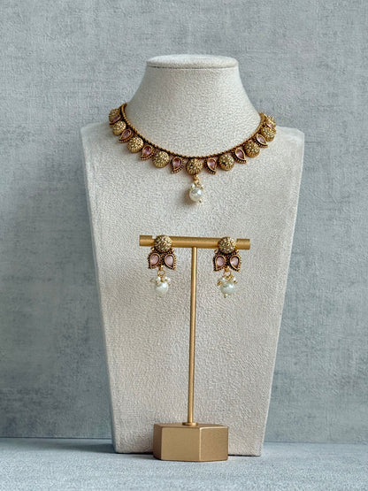 Ayura Designs Mayura Necklace Set with Earrings – Antique Gold Meenakari Motifs with Pearl Drop & Blush Pink Stones