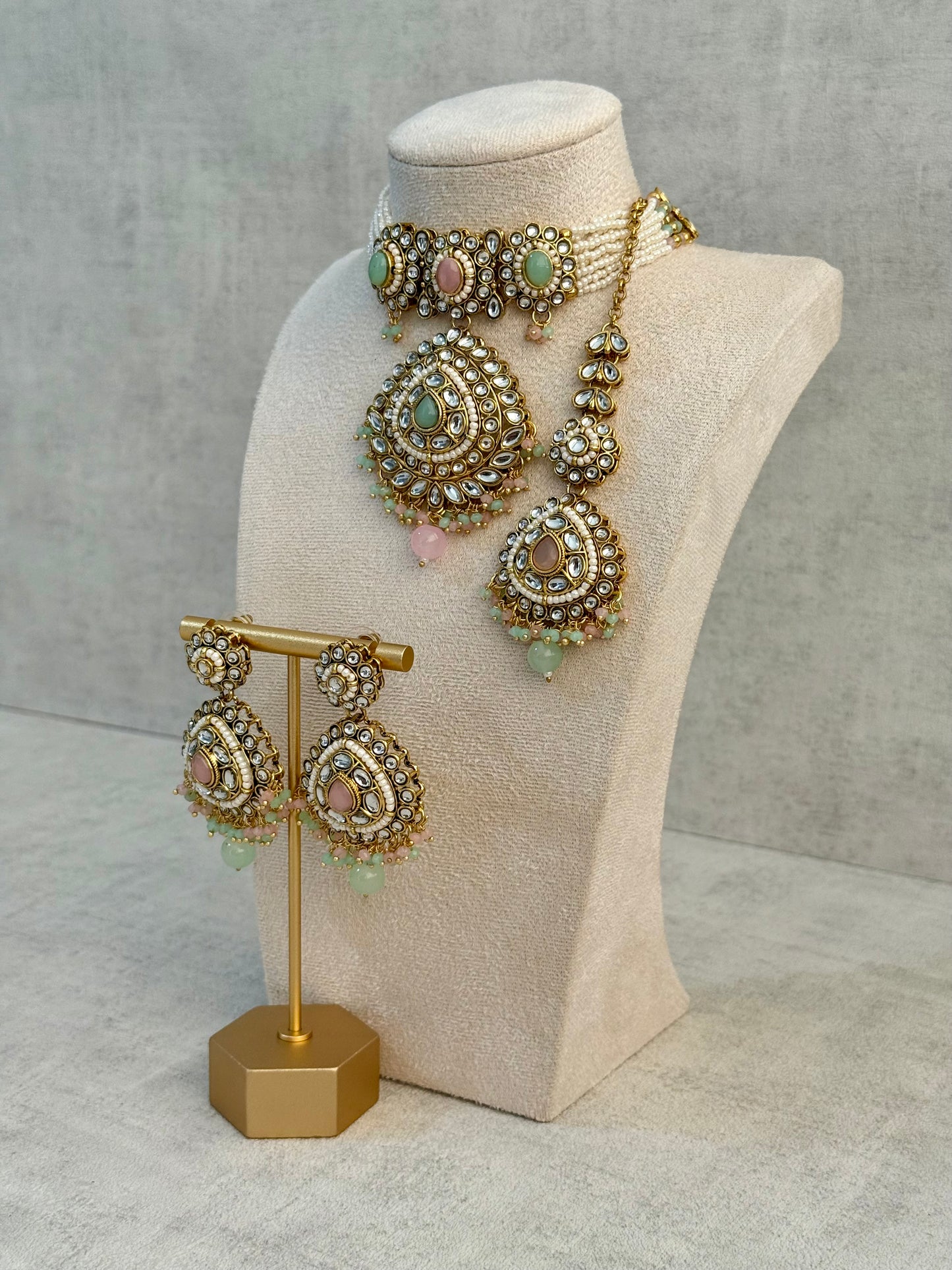 Ayura Designs Tehreem Set with Necklace, Earrings & Tikka – Mirror-Cut Stones, Mint Green & Pink Beads & Antique Gold Finish