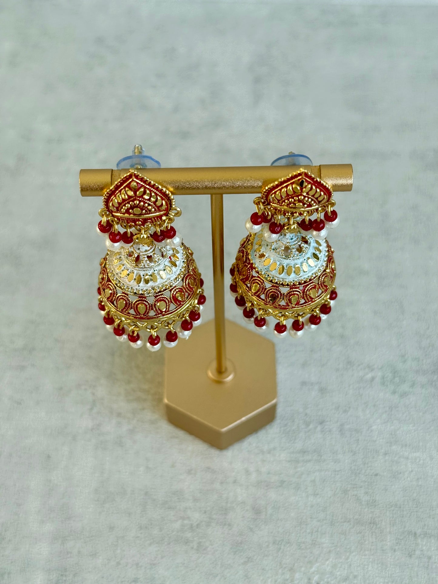Ayura Designs Jogan Jhumkis – Red & White Beads with Antique Gold Detailing
