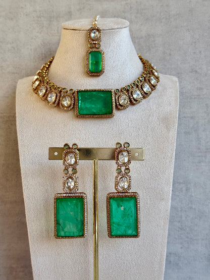 Ayura Designs Clara Set with Earrings & Tikka — Jade Green Moissanite Stones and Antique Gold Finish