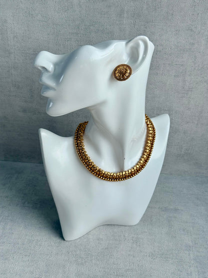 Ayura Designs Sathya Necklace Set with Stud Earrings – Antique Gold Temple Style with Textured Beadwork