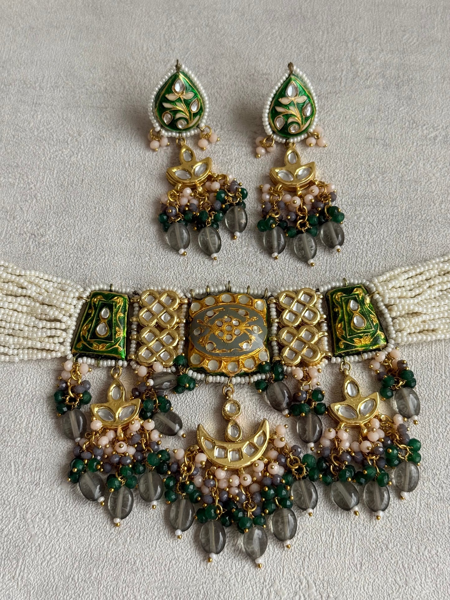 Ayura Designs Rehma Meenakari Kundan Choker Set with Earrings – Emerald Green & Pearl Bead Detailing