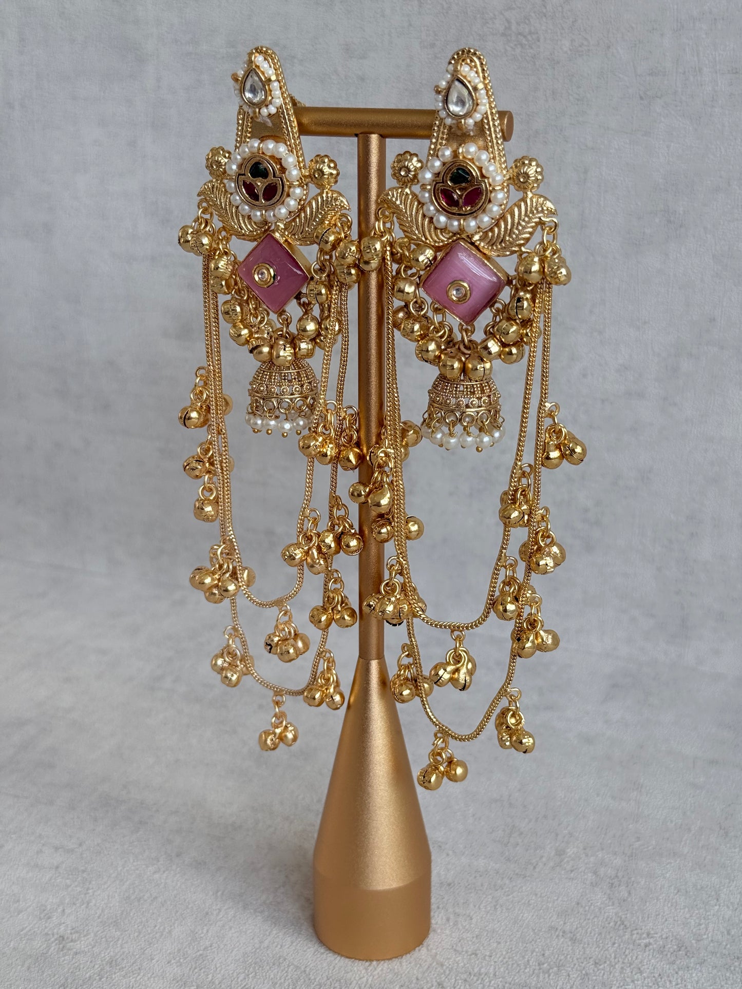 Ayura Designs Simal Earrings – Kashmiri Earrings with Pink Stone, Multicoloured Detailing, Layered Ghungroo Chains & Jhumkis