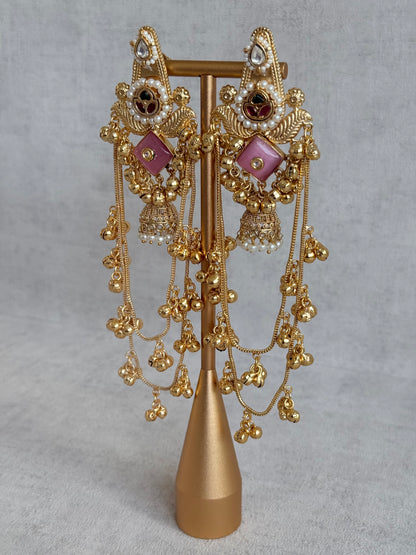 Ayura Designs Simal Earrings – Kashmiri Earrings with Pink Stone, Multicoloured Detailing, Layered Ghungroo Chains & Jhumkis