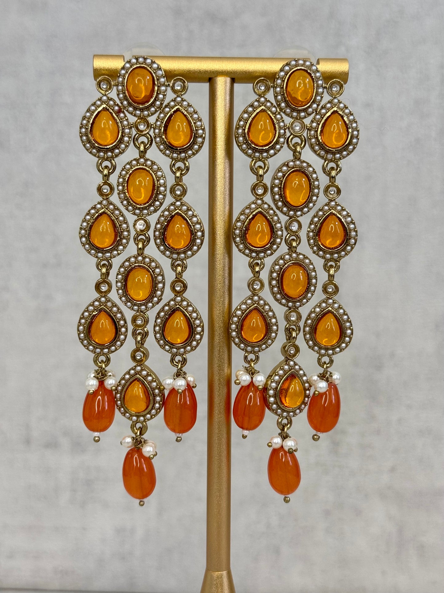 Ayura Designs Mia Earrings – Handcrafted Gold-Toned Cascading Earrings with Orange Gemstones, Pearl Accents & Elegant Drop Detailing