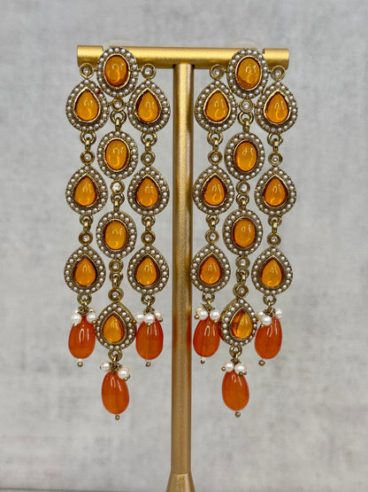 Ayura Designs Mia Earrings – Handcrafted Gold-Toned Cascading Earrings with Orange Gemstones, Pearl Accents & Elegant Drop Detailing