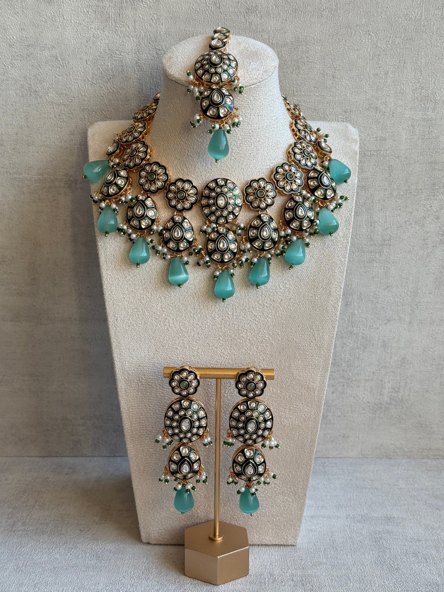 Ayura Designs Sumaira Set – Necklace, Earrings & Tikka with Kundan, Green Meenakari Detailing & Aqua Drops