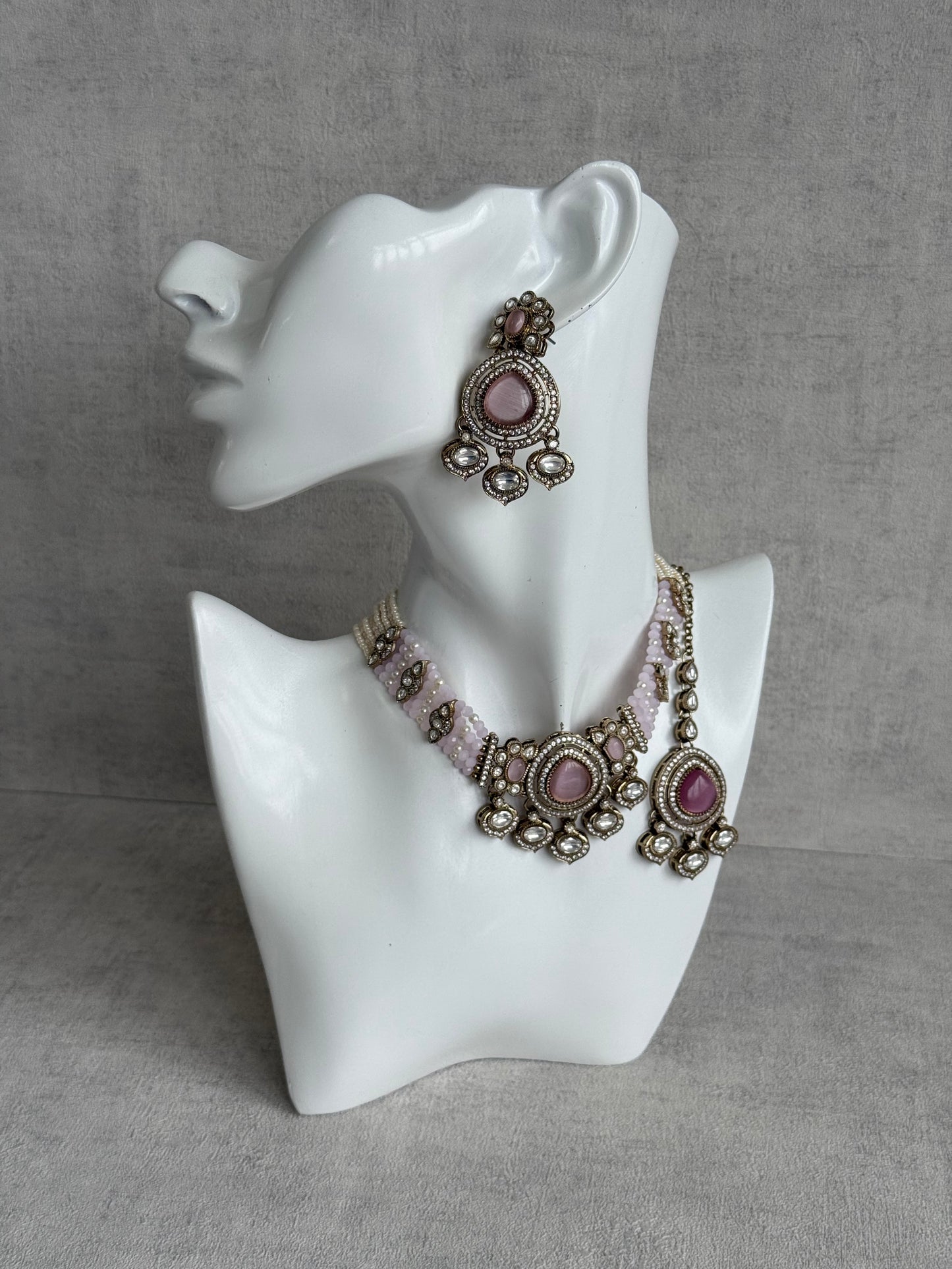 Ayura Designs Rahi Necklace Set with Earrings & Tikka – Blush Pink Stones with Mirror-Cut Detailing & Pearl Strands
