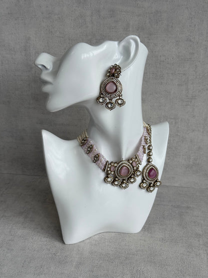 Ayura Designs Rahi Necklace Set with Earrings & Tikka – Blush Pink Stones with Mirror-Cut Detailing & Pearl Strands
