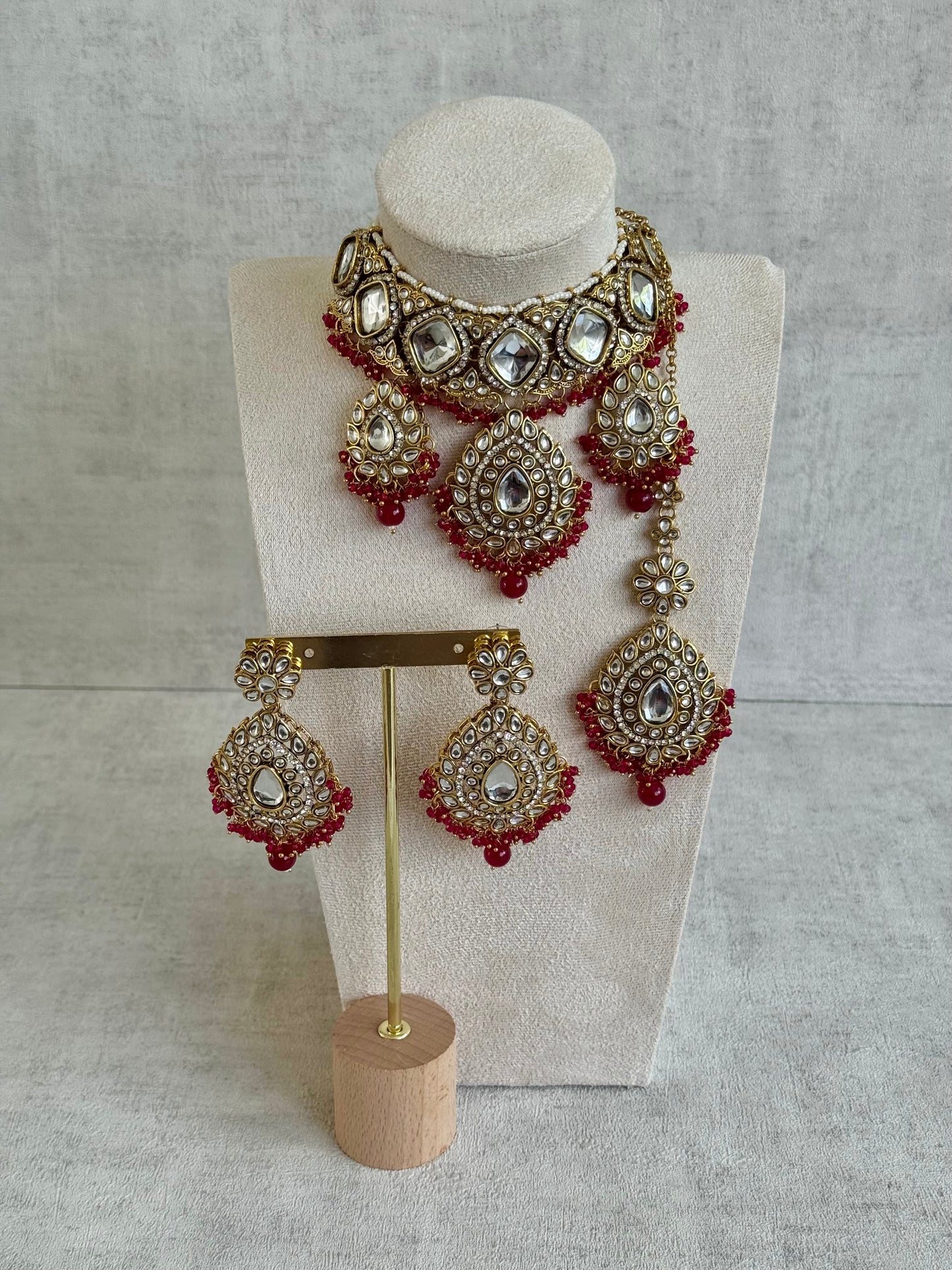 Ayura Designs Kirpa Choker Set with Earrings & Tikka – Ruby Red Beads & Mirror-Cut Stones