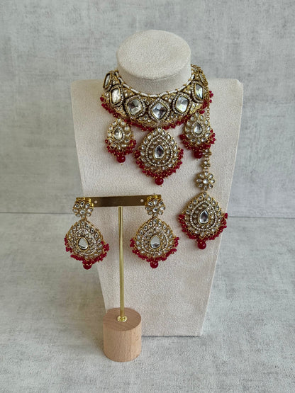 Ayura Designs Kirpa Choker Set with Earrings & Tikka – Ruby Red Beads & Mirror-Cut Stones
