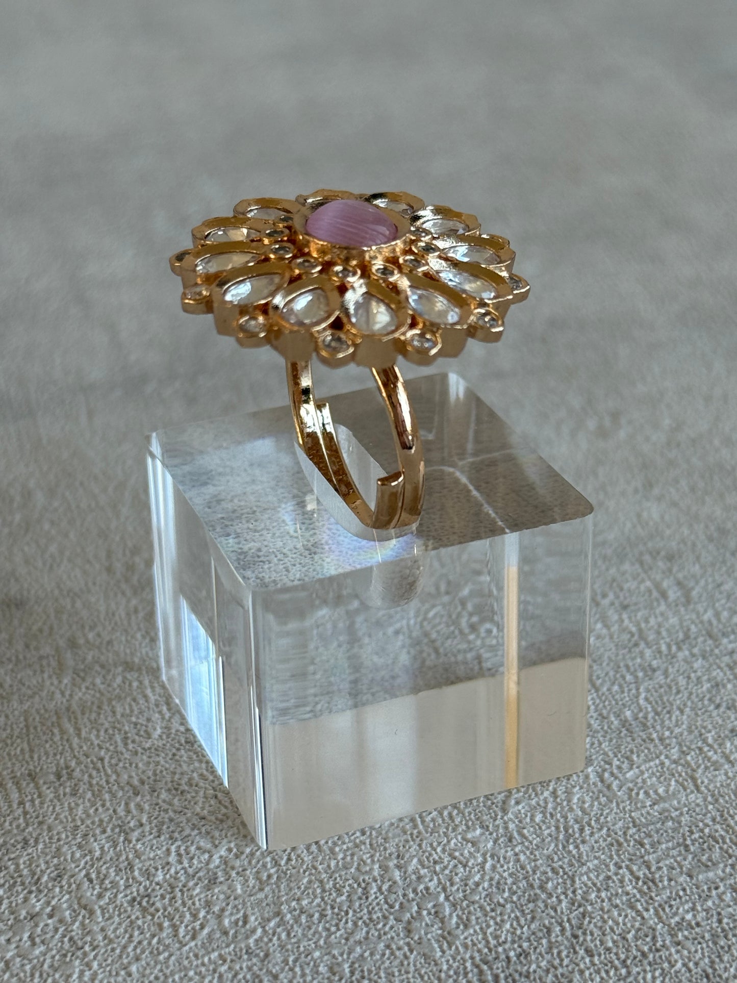 Ayura Designs Luisa Adjustable Ring – Blush Pink Centre Stone with Crystal Petal Detailing