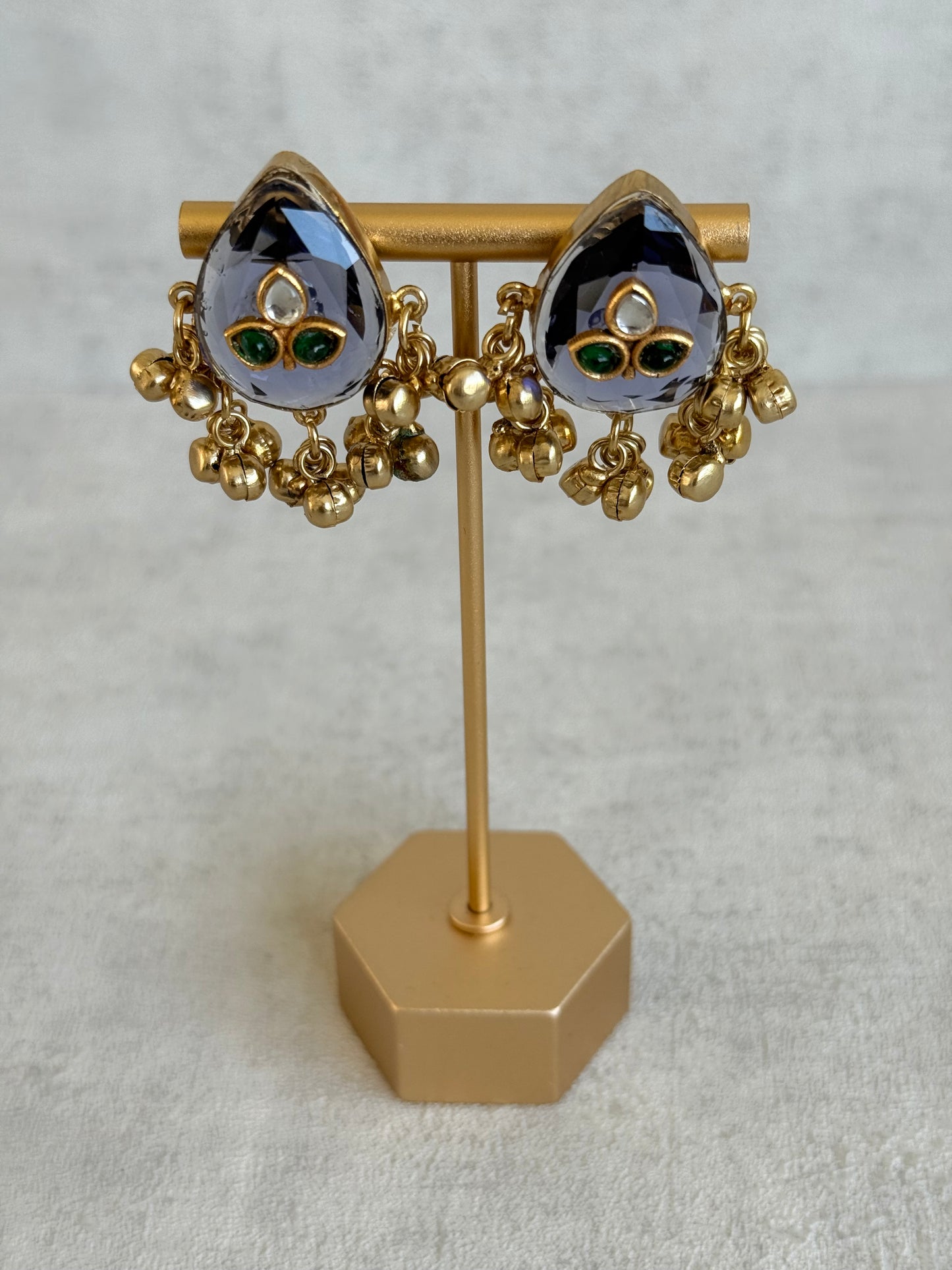 Ayura Designs Aykai Earrings – Smoky Blue Teardrop Stud Earrings with Green Kundan Stones & Gold Ghungroo Drops