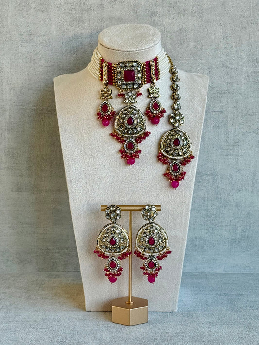 Ayura Designs Zarmeen Choker Set with Earrings & Tikka – Mirror-Cut Stones, Antique Gold Finish and Hot Pink Beads
