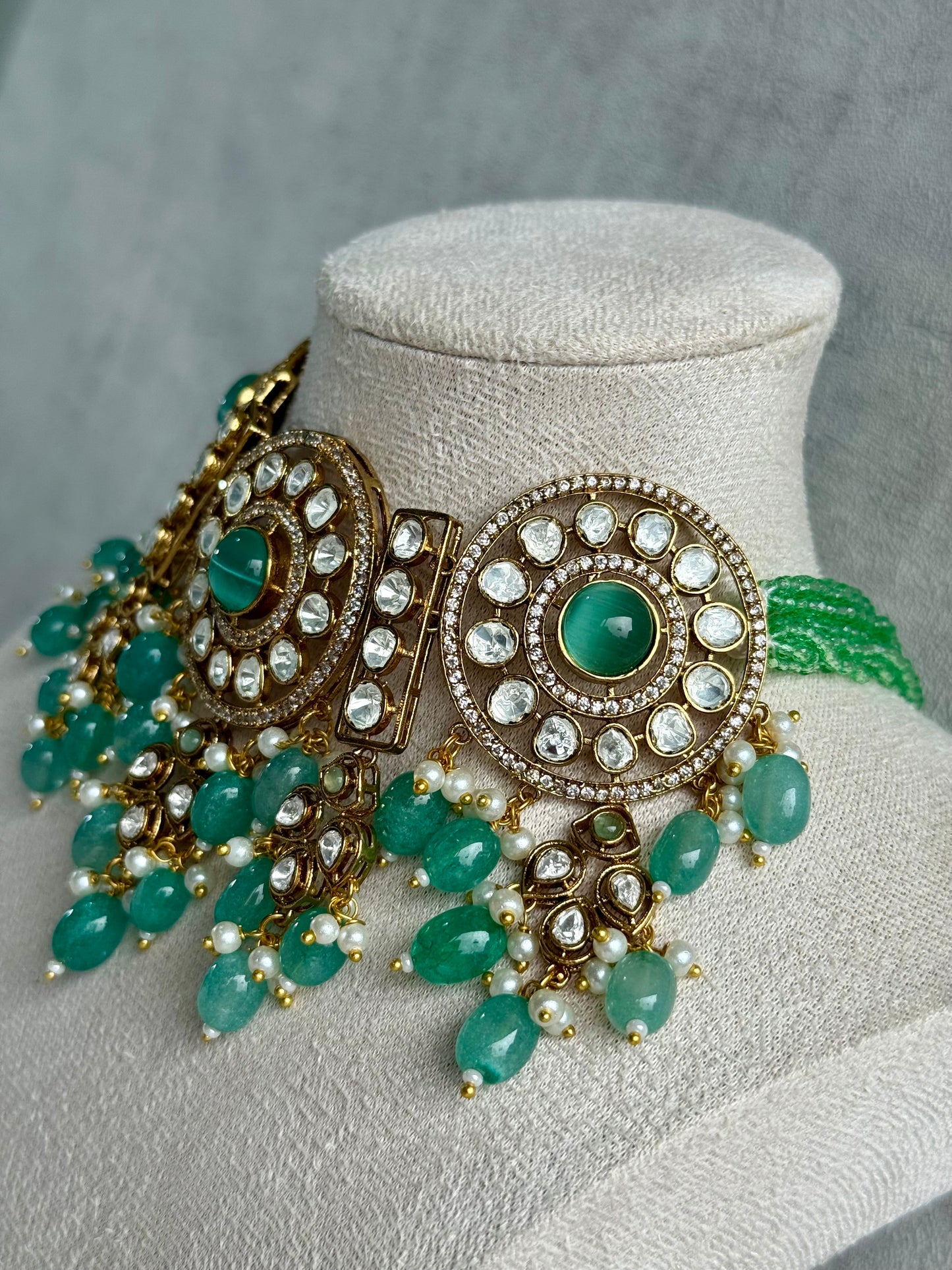 Ayura Designs Harper Set – Antique Gold Choker & Earrings with Mint Green Beads, Kundan Stones & Pearl Detailing