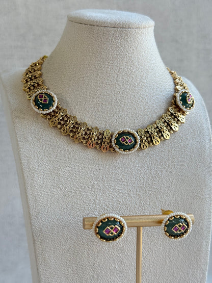 Ayura Designs Lajita Necklace Set with Stud Earrings – Emerald Green & Rani Pink with Pearl & Statement Floral Link Design