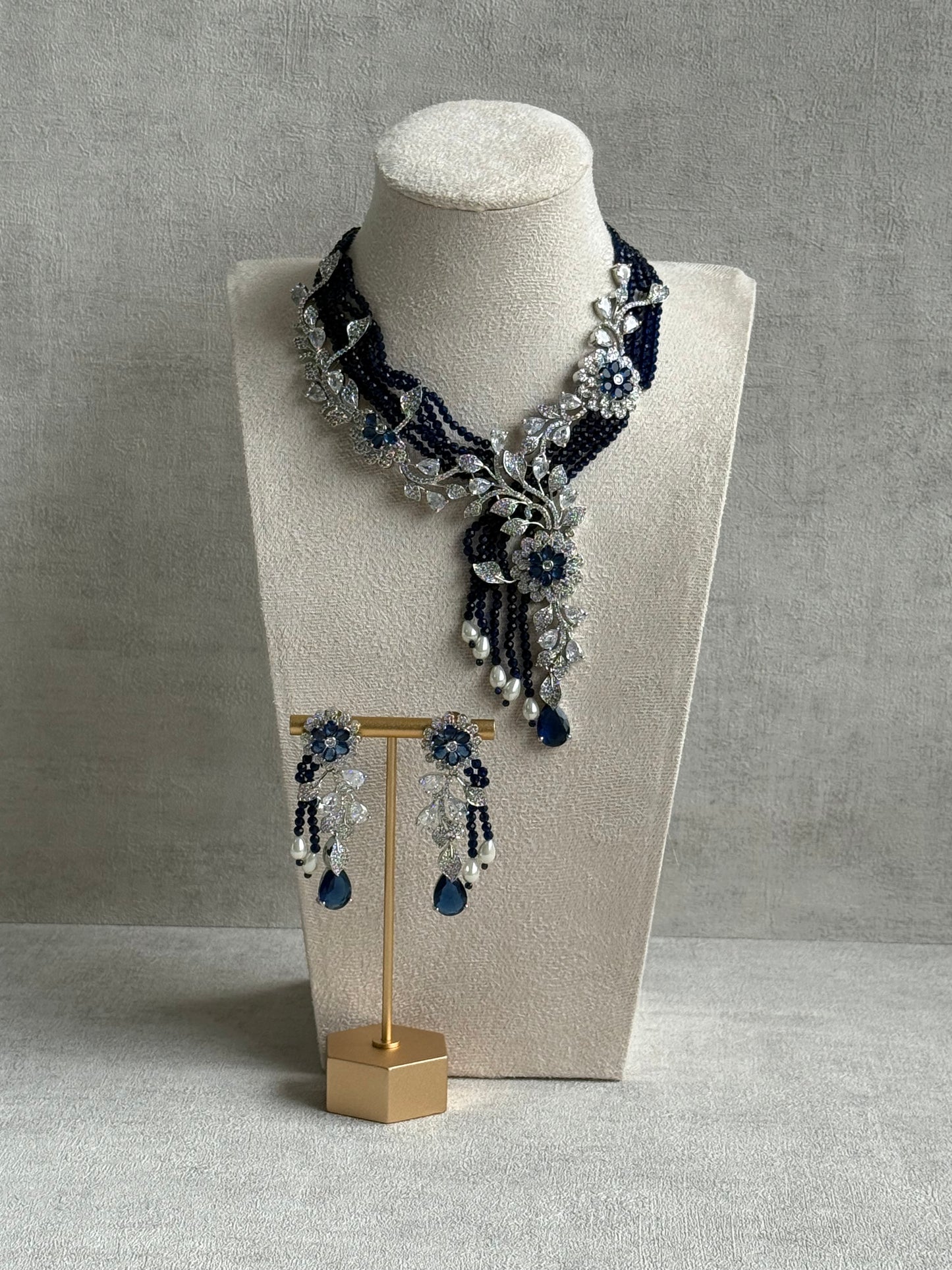 Ayura Designs Chloe Set – Silver Necklace & Earrings with Sapphire Stones, Pearls & Moissanite Detailing