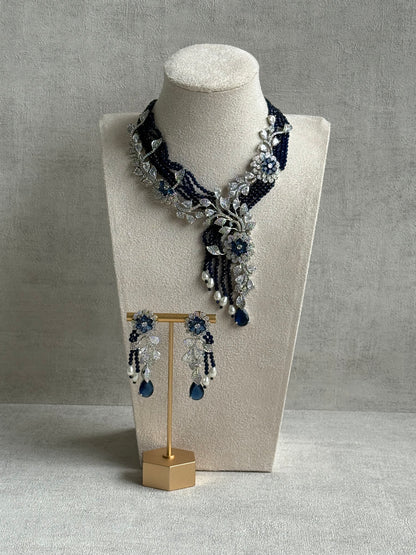 Ayura Designs Chloe Set – Silver Necklace & Earrings with Sapphire Stones, Pearls & Moissanite Detailing