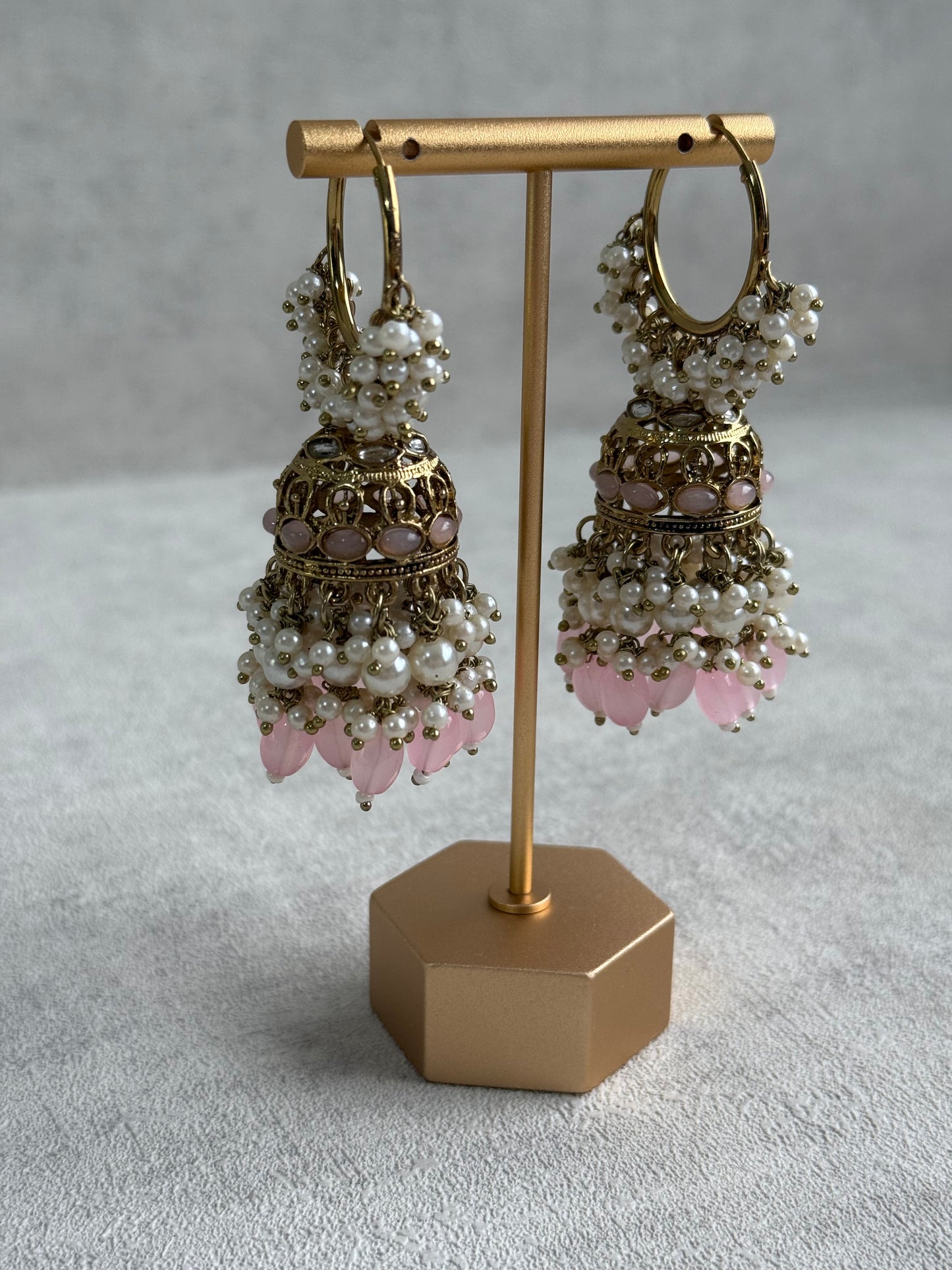 Ayura Designs Jugni Jhumkis – Antique Gold Balis with Blush Pink Beads & Pearl Clusters