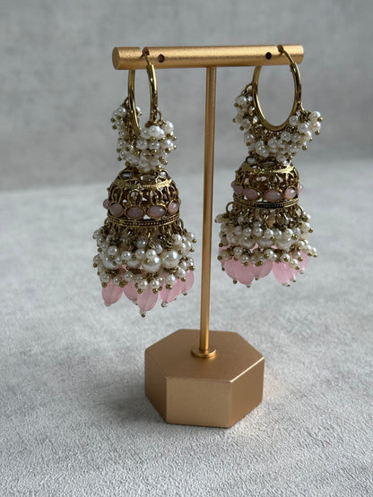 Ayura Designs Jugni Jhumkis – Antique Gold Balis with Blush Pink Beads & Pearl Clusters