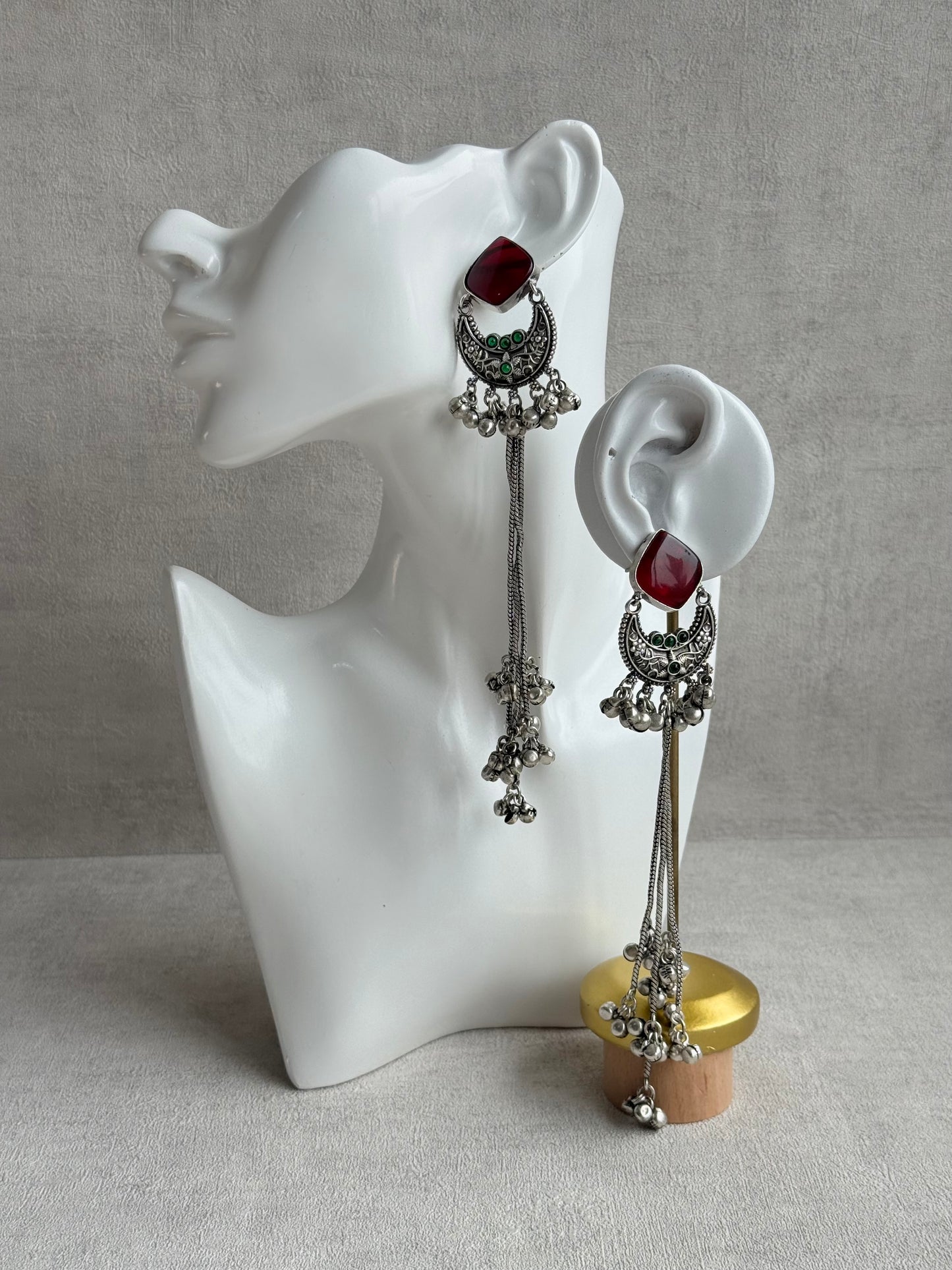Ayura Designs Zarfa Earrings – Oxidised Earrings with Ruby Red Stones, Hanging Ghungroo Chains & Crescent Detailing