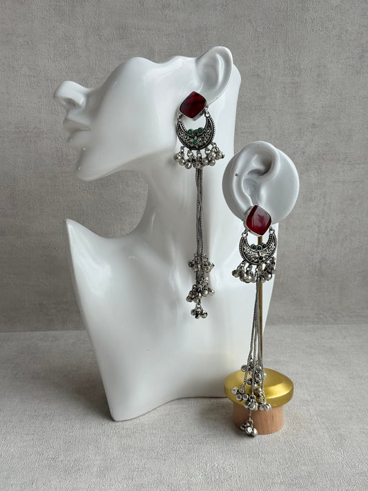 Ayura Designs Zarfa Earrings – Oxidised Earrings with Ruby Red Stones, Hanging Ghungroo Chains & Crescent Detailing