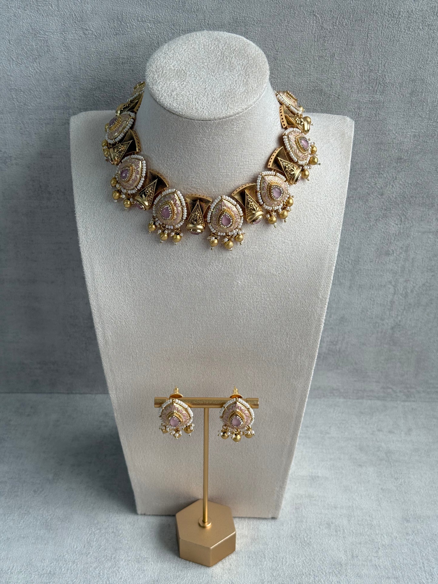 Ayura Designs Aaira Set with Necklace & Studs – Blush Pink Meenakari with Rose Pink Centre & Pearl Detailing