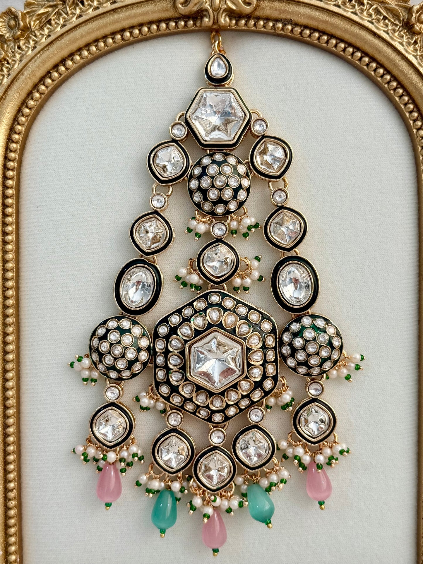 Ayura Designs Visha Jhoomar Passa – Polki Kundan with Blush Pink & Aqua Blue Drops and Pearl Detailing