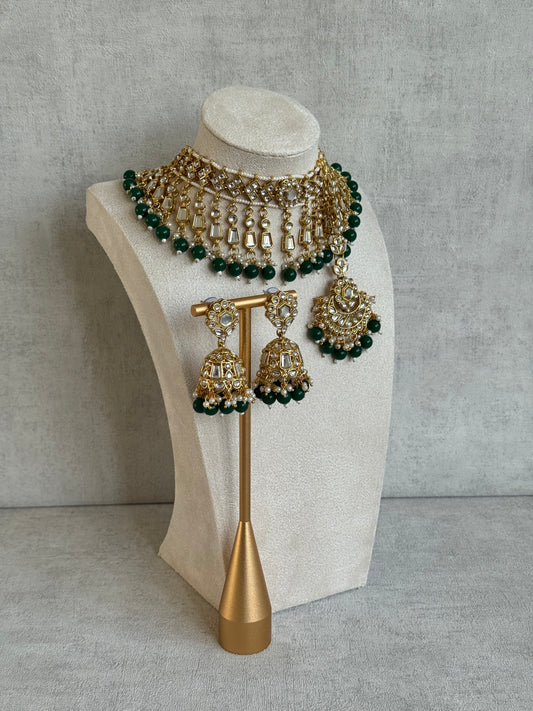 Ayura Designs Shaheen Set with Jhumkis & Tikka – Emerald Green Beads, Mirror Kundan & Gold Finish