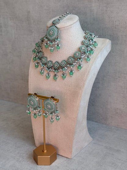Ayura Designs Nomal Set with Earrings & Tikka – Mint Green Beads, Pearl Detailing & Silver Finish