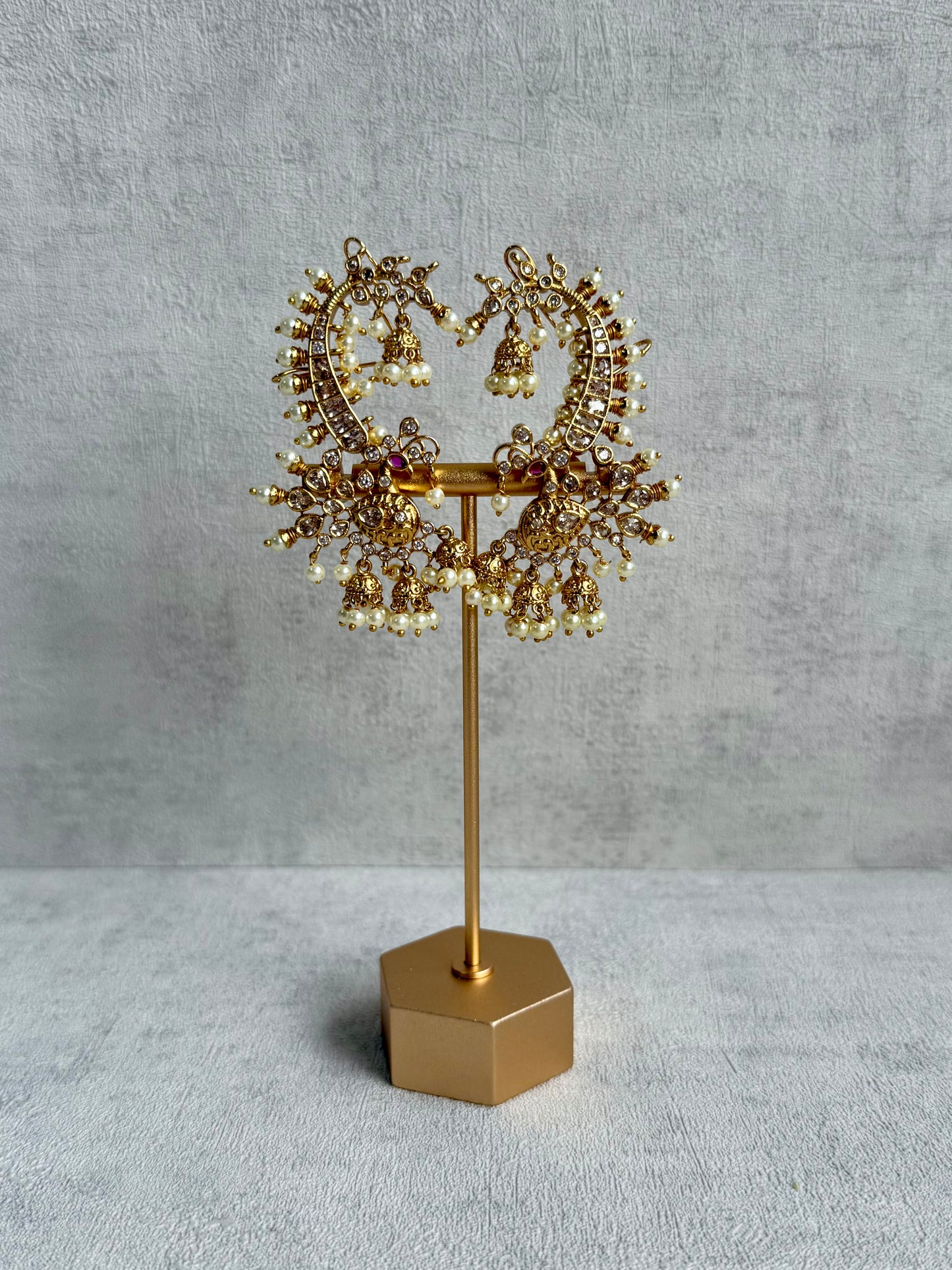 Ayura Designs Megha Half Ear Cuff Earrings – Gold Peacock Motif with Kundan Crystals, Pink Stone Accents & Pearl Jhumka Drops