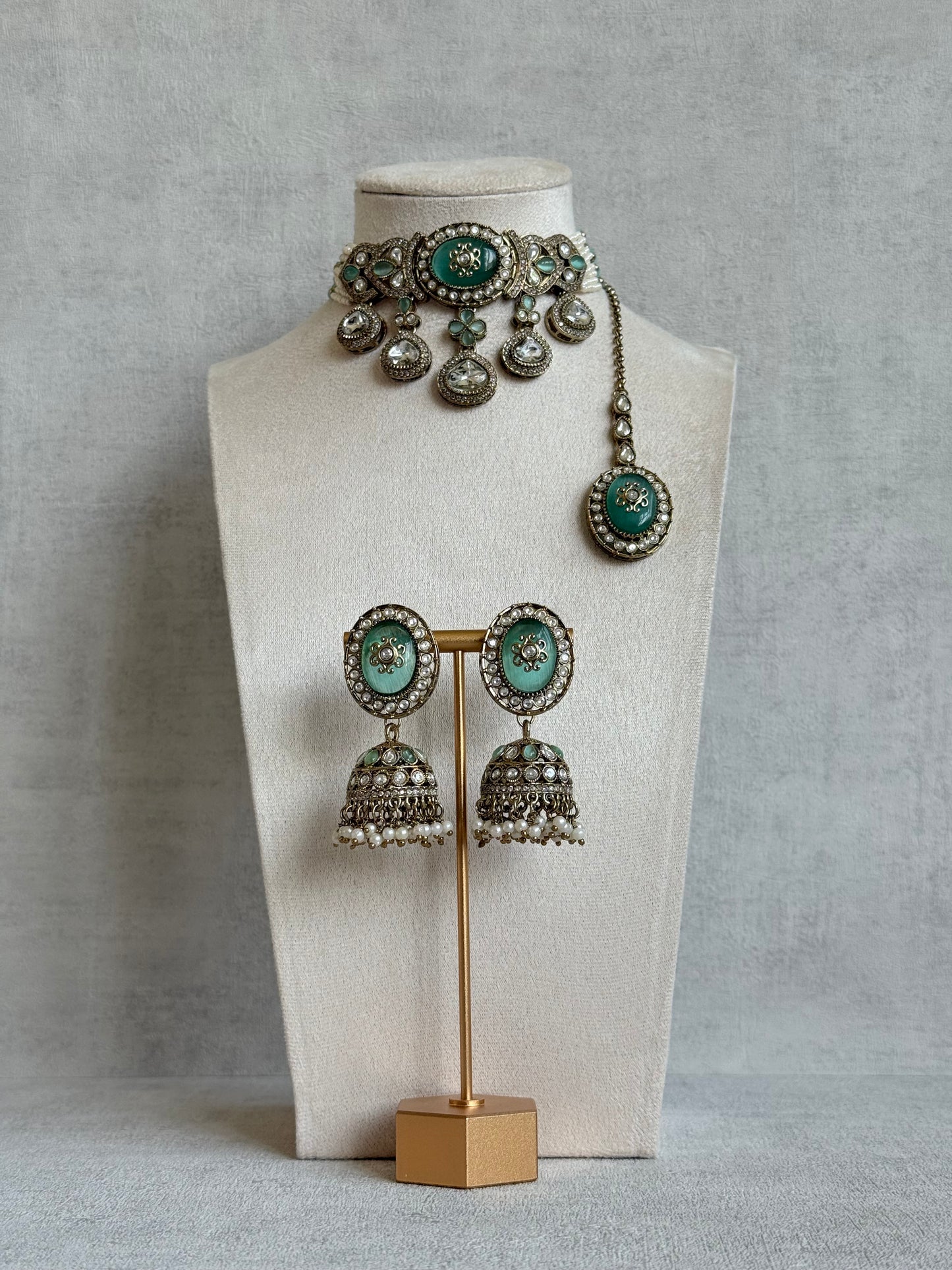 Ayura Designs Myra Choker Set with Jhumkis & Tikka – Mint Green Kundan & Pearl Detailing