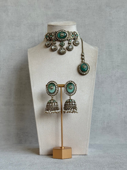 Ayura Designs Myra Choker Set with Jhumkis & Tikka – Mint Green Kundan & Pearl Detailing