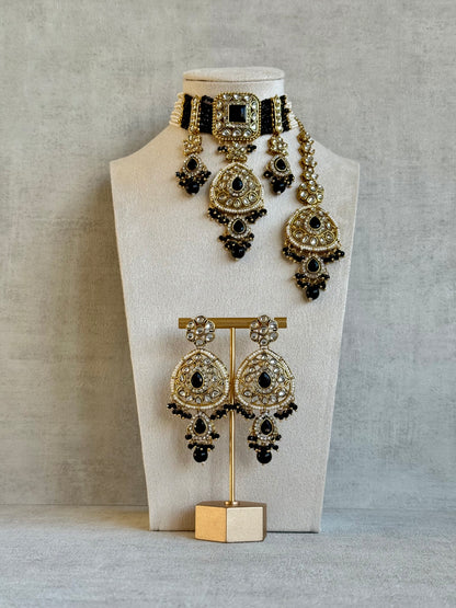 Ayura Designs Zarmeen Choker Set with Earrings & Tikka – Mirror-Cut Stones, Antique Gold Finish and Black Beads