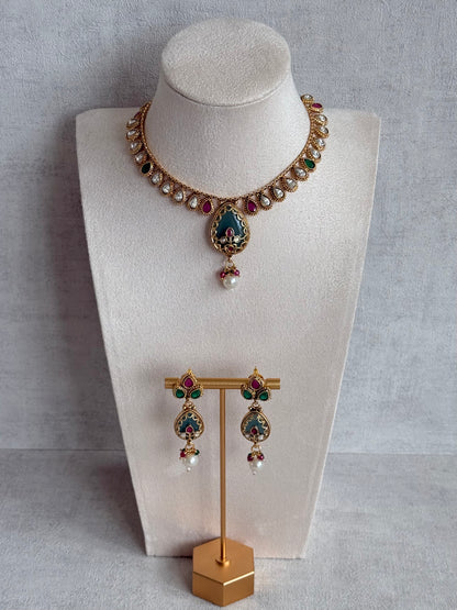 Ayura Designs Lamees Necklace Set with Earrings – Green Enamel, Emerald Green & Ruby Pink Stones with Pearl Drops