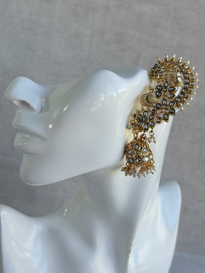 Ayura Designs Nitya Kaanphool Jhumkis – Gold Half Ear Cuff Earrings, Peacock Motifs, Kundan, Ivory Pearl Drops & Sahare
