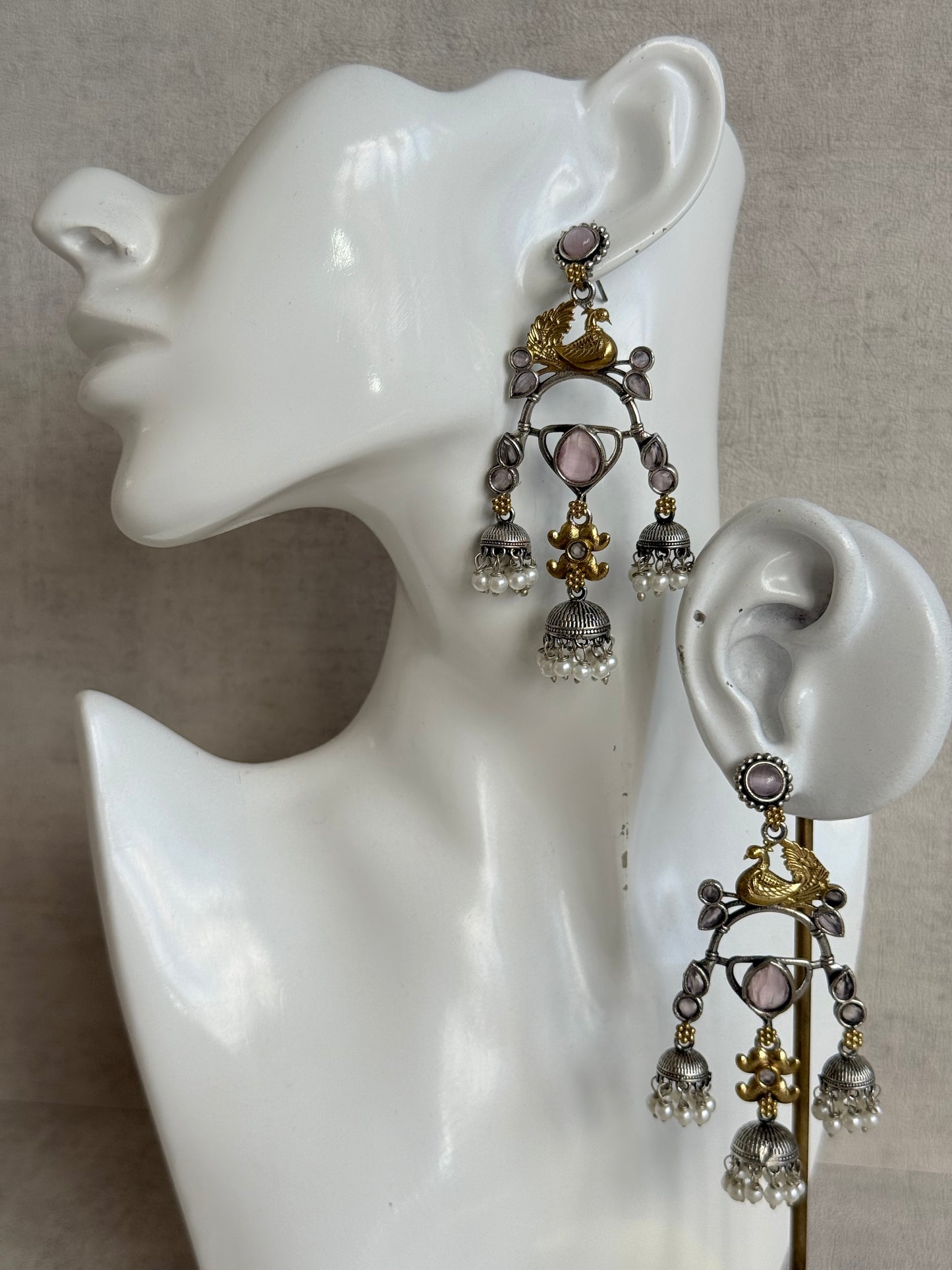Ayura Designs Mehrza Earrings – Oxidised Peacock Motif Statement Earrings with Pearl Jhumkis & Blush Pink Stones