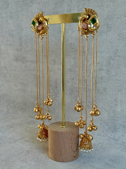 Ayura Designs Morira Earrings – Antique Gold Jhumki Earrings with Kundan Stones, Chains & Ghungroo Detailing
