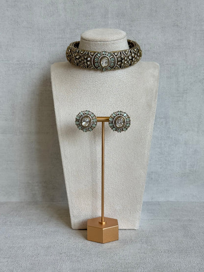 Ayura Designs Genevieve Choker Set with Studs – Mint Crystal Kundan in Antique Gold